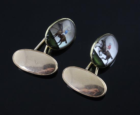 A pair of 18ct gold oval Horse & Jockey Essex crystal cufflinks, gross weight 8 grams.